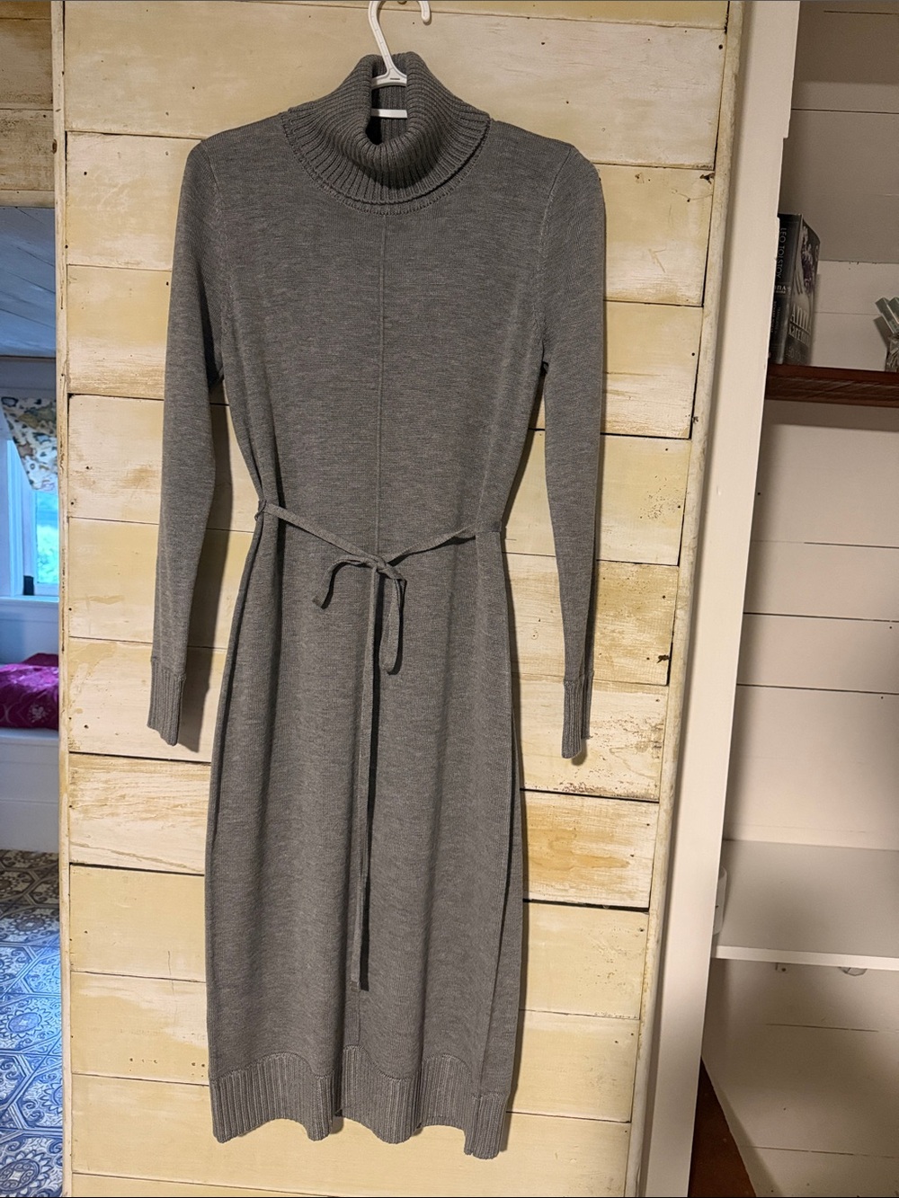 Calvin Klein Gray Turtleneck Knit Midi Dress with Belt